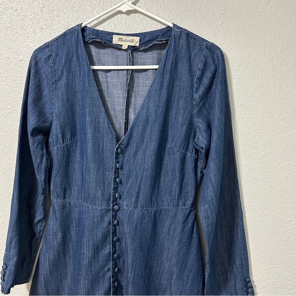 Madewell Chambray Dress Women Size 2 Blue Button Front V Neck Long Sleeve - Picture 2 of 8